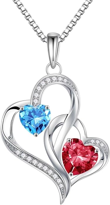 Iefil Birthstone Necklace for Women - 925 Sterling Silver Double Birthstone Heart Necklace | Anniversary Birthday Gifts for Women | Personalized Gifts | Jewelry Gifts for Wife Mom Girlfriend