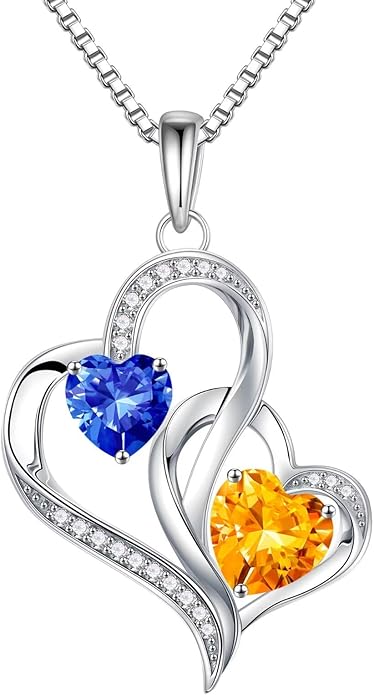 Iefil Birthstone Necklace for Women - 925 Sterling Silver Double Birthstone Heart Necklace | Anniversary Birthday Gifts for Women | Personalized Gifts | Jewelry Gifts for Wife Mom Girlfriend