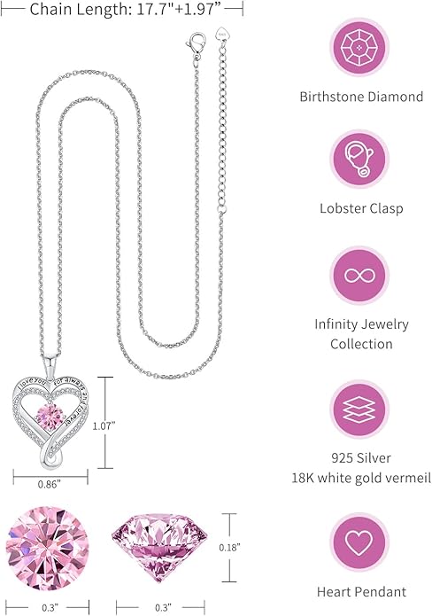 Jewelry for Women Wife Infinity Heart Birthstone I Love You Necklace S925 Anniversary Women Necklaces for Her Wife Birthday Gift Ideas, Birthday Present for Girlfriend Mom Daughter Sterling Silver