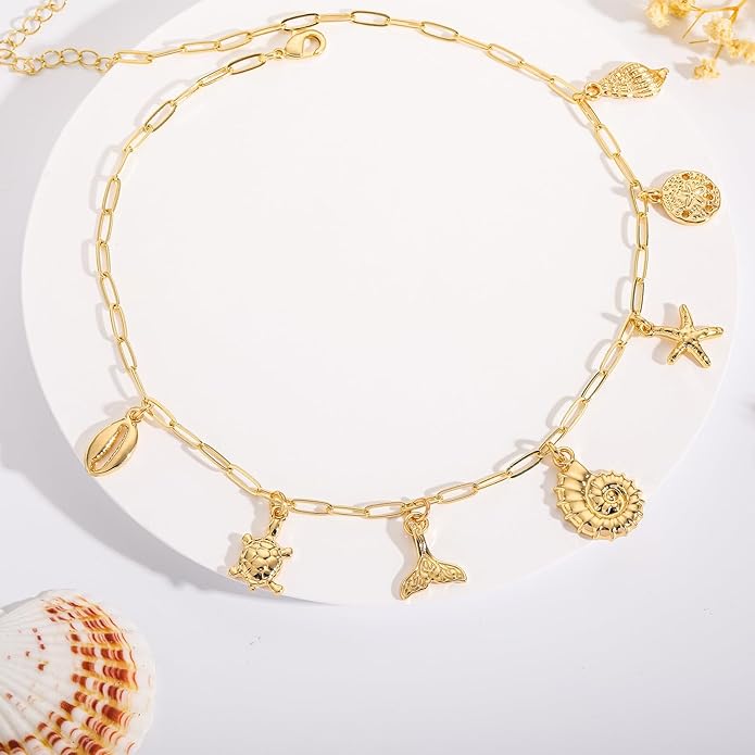 Charm Necklace for Women, 14K Gold Plated Shell Sun Starfish Summer Beach Necklace 16+3" Paperclip Chain Jewelry Gifts
