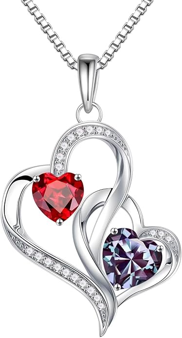 Iefil Birthstone Necklace for Women - 925 Sterling Silver Double Birthstone Heart Necklace | Anniversary Birthday Gifts for Women | Personalized Gifts | Jewelry Gifts for Wife Mom Girlfriend