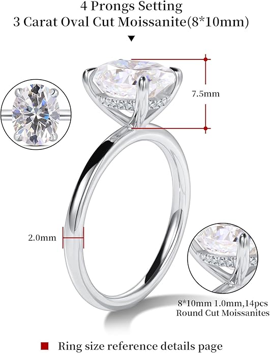 getlove 1.5-3ct Oval Moissanite Engagement Ring 18K White Gold Plated Solid Silver D-Color VVS1 Solitaire Promise Ring