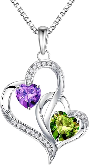 Iefil Birthstone Necklace for Women - 925 Sterling Silver Double Birthstone Heart Necklace | Anniversary Birthday Gifts for Women | Personalized Gifts | Jewelry Gifts for Wife Mom Girlfriend