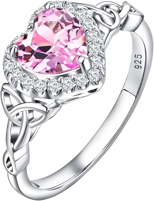 DAYBYDAY Celtic Birthstone Rings for Women 925 Sterling Silver Heart/Round/Pear/Oval Created Gemstone Moissanite Halo Engagement Promise Rings for Her Wife Birthday Anniversary Wedding Jewelry