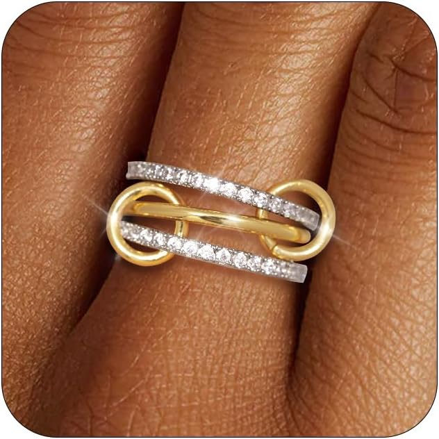 TLY Stackable Gold Rings for Women Non Tarnish 18K Gold Plated Interlocking Ring Stack Set Gold Silver Mixed Metal Statement Rings Dainty Cubic Zirconia CZ Fashion Connected Band Thumb Ring Size 4-11 Jewelry Gift for Women