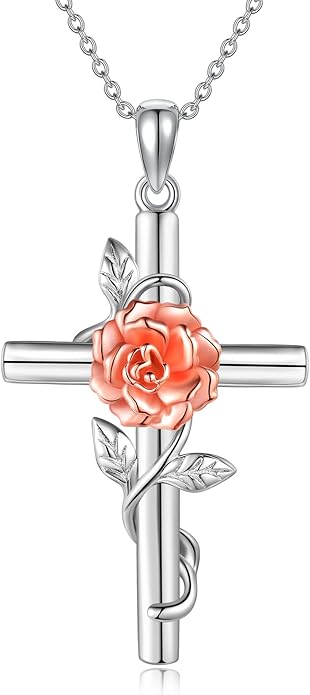 Flower Cross Necklace 925 Sterling Silver Carnation/Rose/Lily/Daisy Cross Necklace Birth Flower Jewelry for Women