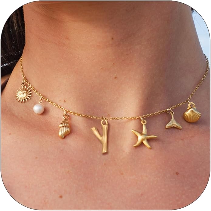 Initial Charm Necklace For Women Shell Letter Necklaces Gold Charms Pendant Boho Summer Seashell Beach 14k Starfish Surfer Jewelry Gifts