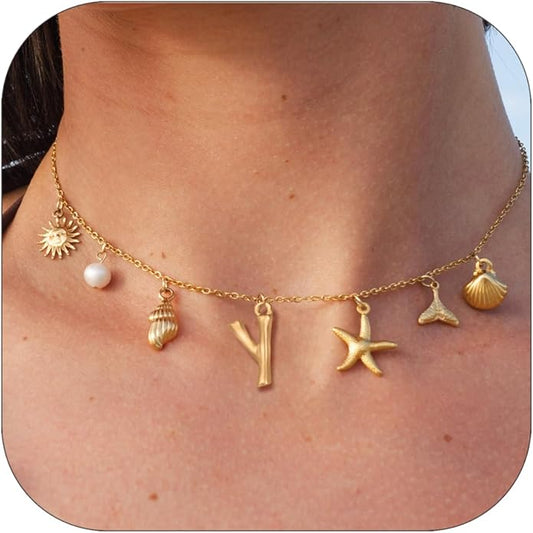Initial Charm Necklace For Women Shell Letter Necklaces Gold Charms Pendant Boho Summer Seashell Beach 14k Starfish Surfer Jewelry Gifts
