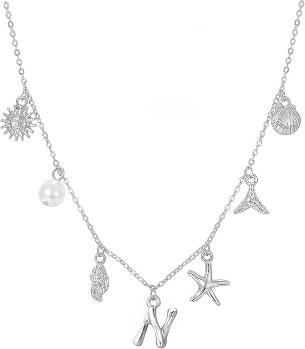 Initial Charm Necklace For Women Shell Letter Necklaces Gold Charms Pendant Boho Summer Seashell Beach 14k Starfish Surfer Jewelry Gifts