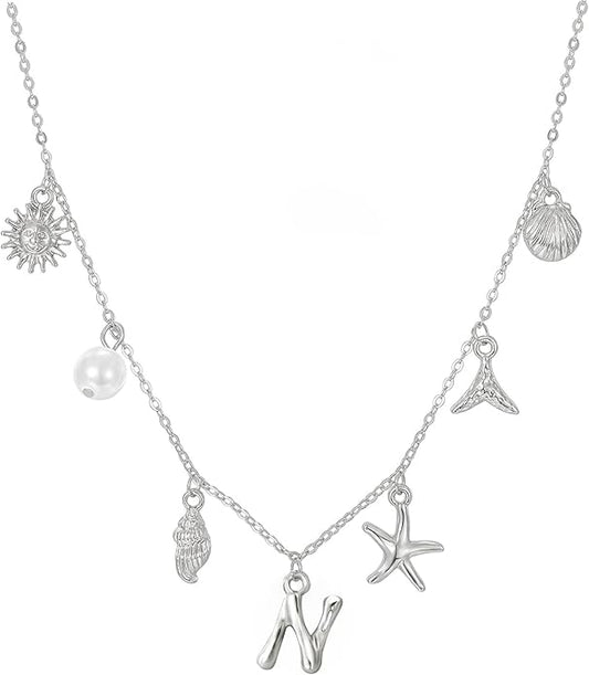 Initial Charm Necklace For Women Shell Letter Necklaces Gold Charms Pendant Boho Summer Seashell Beach 14k Starfish Surfer Jewelry Gifts