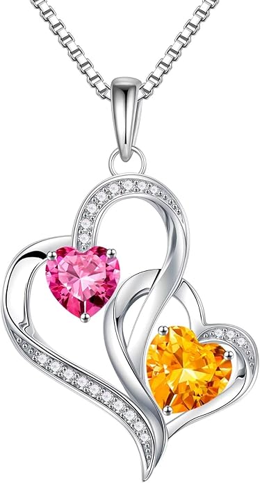 Iefil Birthstone Necklace for Women - 925 Sterling Silver Double Birthstone Heart Necklace | Anniversary Birthday Gifts for Women | Personalized Gifts | Jewelry Gifts for Wife Mom Girlfriend