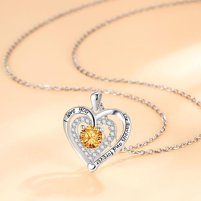 Heart Necklace, I Love You Always & Forever, Birthstone Cubic Zirconia Pendant, Gift for Women