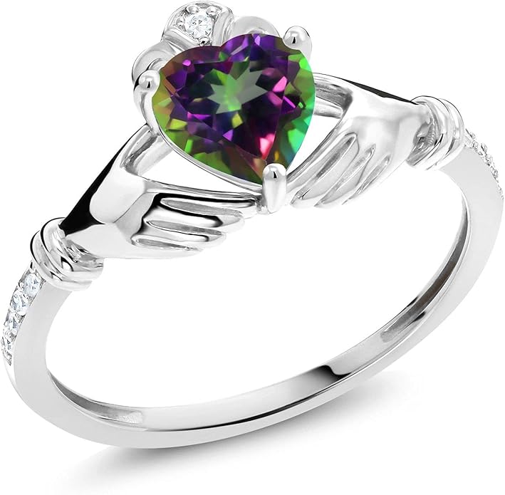 Gem Stone King 10K White Gold 6MM Heart Shape Gemstone Birthstone and White Diamond Irish Celtic Claddagh Engagement Ring | Gold Ring For Women | Available In Size 5, 6, 7, 8, 9