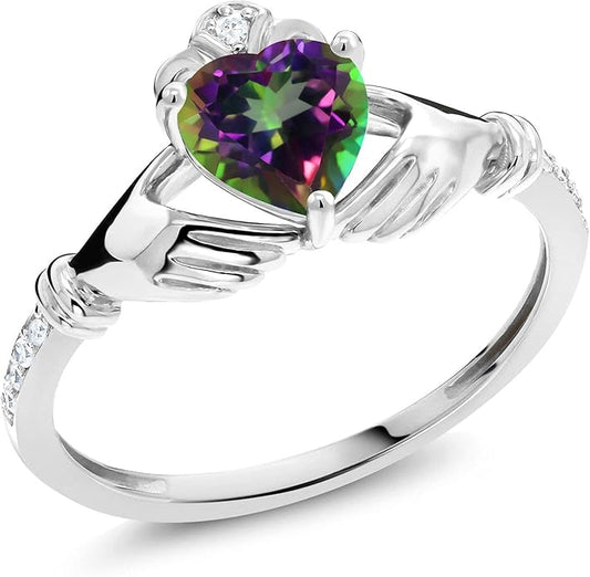Gem Stone King 10K White Gold 6MM Heart Shape Gemstone Birthstone and White Diamond Irish Celtic Claddagh Engagement Ring | Gold Ring For Women | Available In Size 5, 6, 7, 8, 9