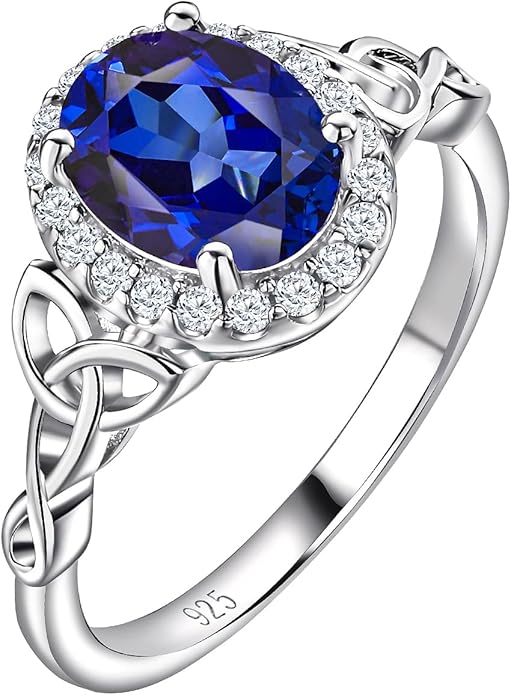 DAYBYDAY Celtic Birthstone Rings for Women 925 Sterling Silver Heart/Round/Pear/Oval Created Gemstone Moissanite Halo Engagement Promise Rings for Her Wife Birthday Anniversary Wedding Jewelry