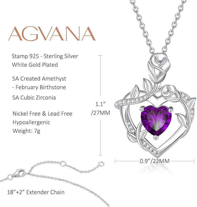 AGVANA Rose Birthstone Necklace for Women Sterling Silver Rose Flower Heart Necklace Fine Jewelry Anniversary Birthday Gifts for Women Wife Mom Her, Length: 18"+2"