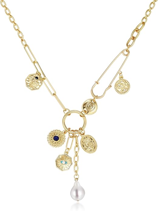 Charm Necklace for Women Gold Evil Eye Sun Moon Flower Coin Pendant Necklace Dainty Paperclip Chain Vintage Luck Amulet Choker Necklaces Celestial Jewelry Gift