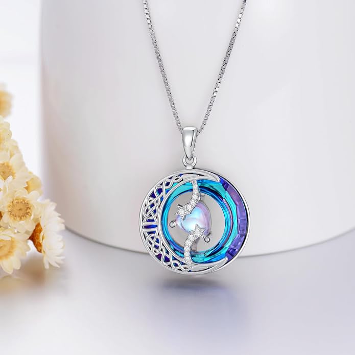 TOUPOP Birthstone Necklace 925 Sterling Silver Moon and Star Pendant with Blue Crystal Celtic Moon Jewelry Birthday Christmas Gifts for Women Mom Wife Her Daughter