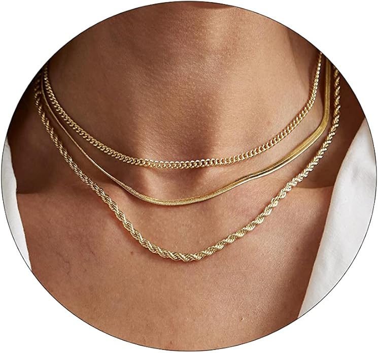 ASCOMY Layered Necklaces for Women Dainty Gold Necklace 14K Gold Plated Herringbone Necklace for Women Pearl Cross Necklace Paperclip Cuban Figaro Rope Satellite Chain Gold Choker Trendy Jewelry Gift