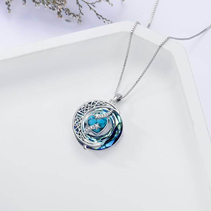 TOUPOP Birthstone Necklace 925 Sterling Silver Moon and Star Pendant with Blue Crystal Celtic Moon Jewelry Birthday Christmas Gifts for Women Mom Wife Her Daughter
