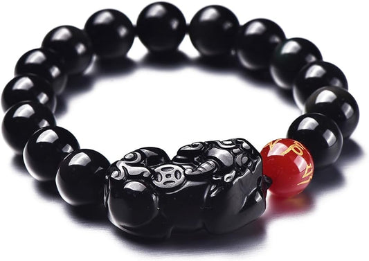 Black Obsidian Bracelet,Feng Shui Black Obsidian Wealth Bracelet for Women Men Stretch Obsidian Bracelet Bangle with Pixiu Tiger Eye Stone Attract Wealth Money and Good Luck