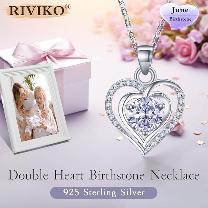 RIVIKO Heart Birthstone Pendant Necklace for Women 925 Sterling Silver Zirconia Necklaces Wedding Anniversary Birthday Mothers Day Jewelry Gifts For Her Mother Wife