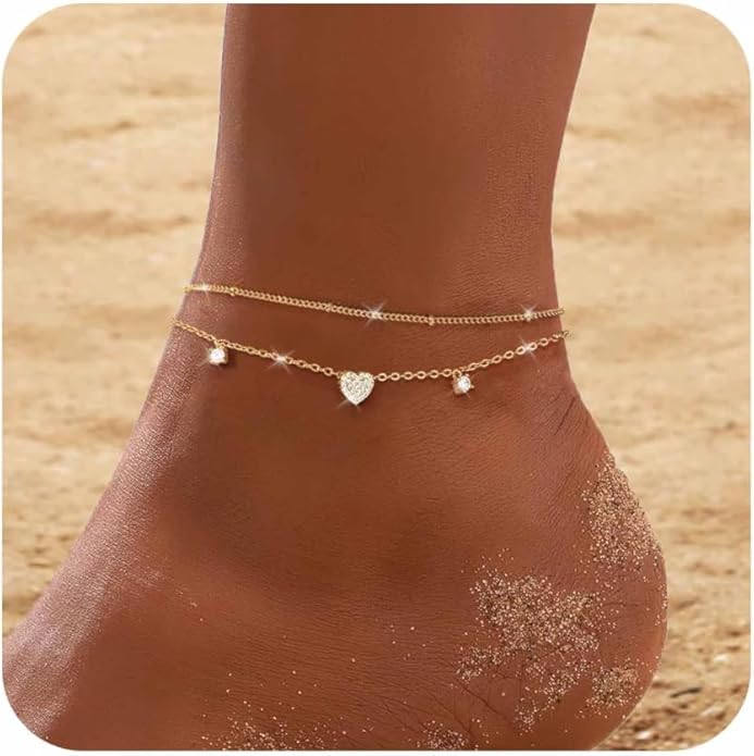 RLMOON Gold Anklets for Women CZ Ankle Bracelet 14K Gold Plated Waterproof Dainty Layered Tennis Heart Dot Chain Silver Clover Anklet Trendy Foot Jewelry