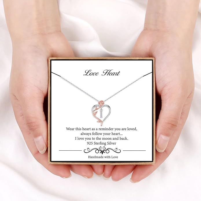 Iefil Rose Heart Necklaces Gifts for Women - 925 Sterling Silver Rose Heart Initial Necklace, Anniversary Birthday Gifts for Women, Jewelry Gift for Her Wife Girlfriend Mom Daughter