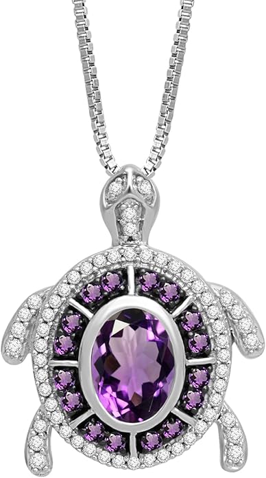 Jewelili Sterling Silver Turtle Birthstone Pendant Necklace | 7X5 MM Oval & 1.25 MM Round Cut Birthstone with Round Created White Sapphire Gemstones | 18" Box Chain | Luxury Jewelry Gift for Her | Gift Box Included