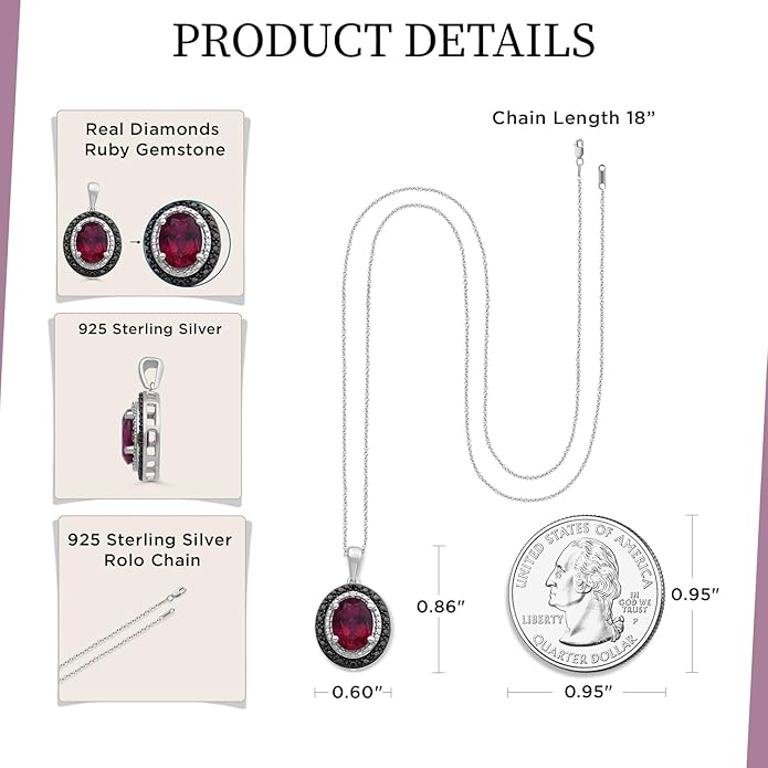 Jewelili Sterling Silver Oval Halo Pendant Necklace for Women | Created Opal, Created Ruby & Created Blue Sapphire with Treated Black & White Round Diamonds | 18" Rolo Chain | Jewelry Gift with Box