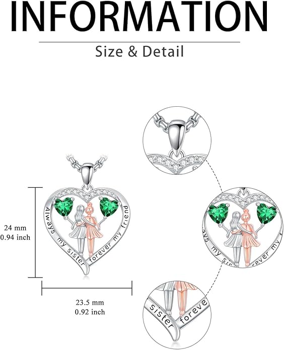 Always My Sister Forever My Friend Birthstone Pendant Necklace Women Jewelry Christmas Valentine Mothers Day Birthday Gifts for Women Sister From Sister