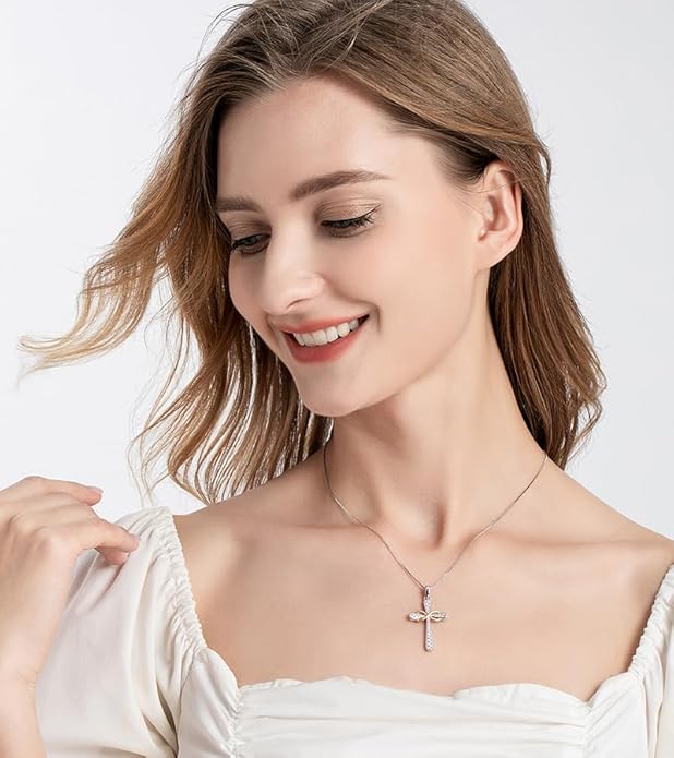 925 Sterling Silver Cross Necklace for Women Big Faith Infinity Pendant Necklace Silver Chain 18+2''