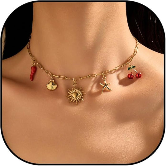 Choistily Charm Necklace Dainty Gold Western Outfit Beach Jewelry for Women Trendy Cowgirl Accessories for Women Gold Bow Sea Shell Pendant Necklace Preppy Stuff Summer Jewelry 2025