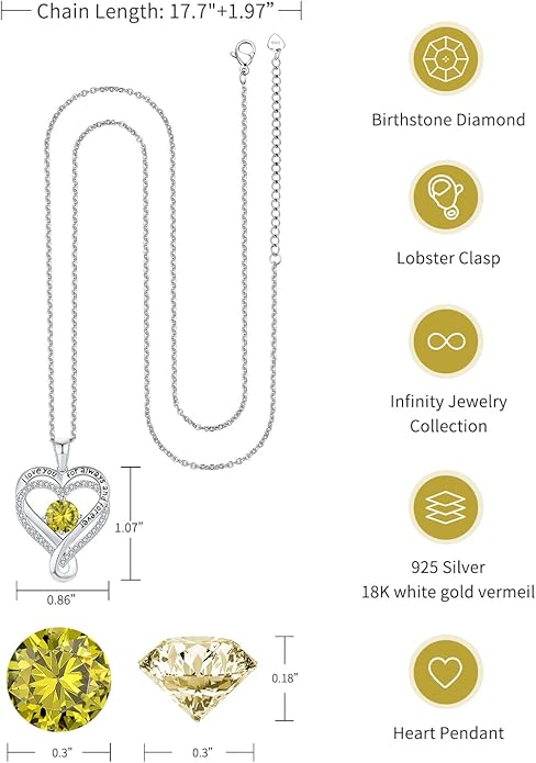 Jewelry for Women Wife Infinity Heart Birthstone I Love You Necklace S925 Anniversary Women Necklaces for Her Wife Birthday Gift Ideas, Birthday Present for Girlfriend Mom Daughter Sterling Silver
