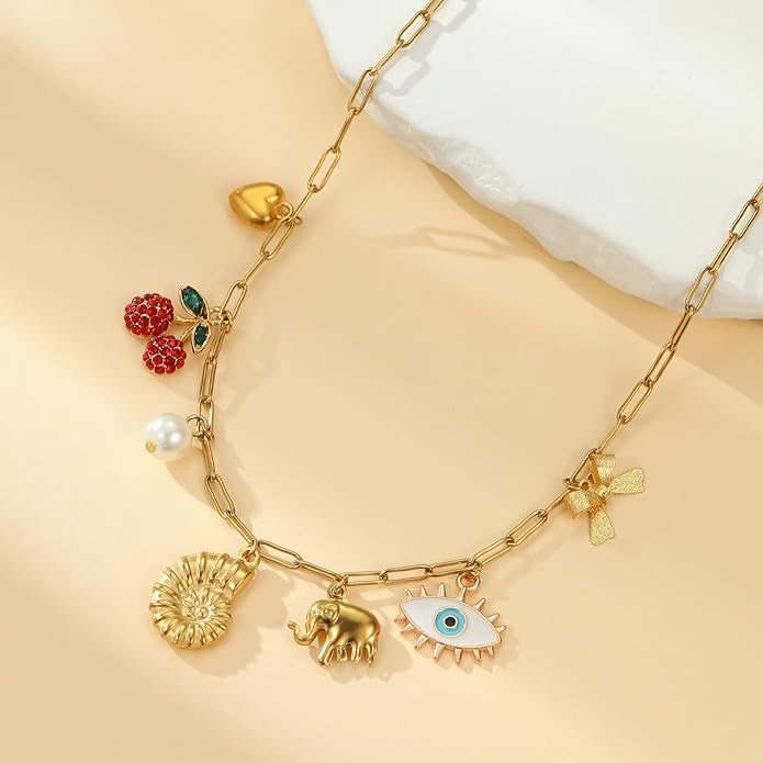 Choistily Charm Necklace Dainty Gold Western Outfit Beach Jewelry for Women Trendy Cowgirl Accessories for Women Gold Bow Sea Shell Pendant Necklace Preppy Stuff Summer Jewelry 2025