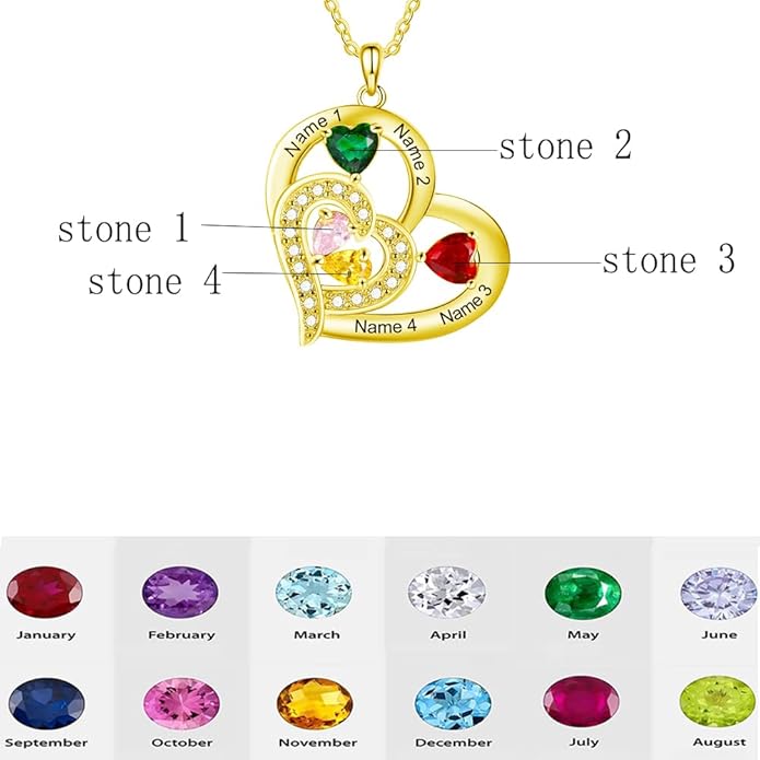10K 14K 18K Gold Natural Diamond Personalized Mother Name Necklace with 1-6 Birthstones Sterling Silver Custom Heart Name Necklace for Women Mom Grandmother Wife Friend Gifts for Mother's Day
