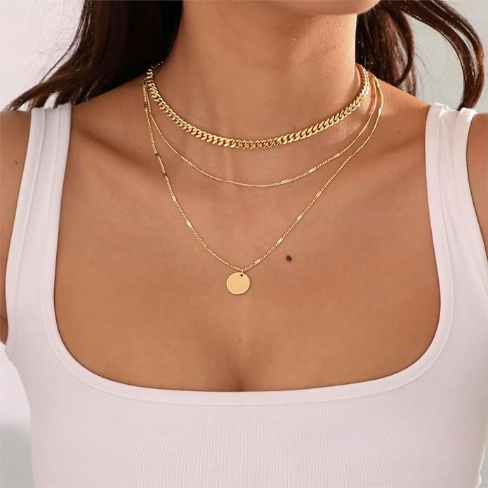 ASCOMY Layered Necklaces for Women Dainty Gold Necklace 14K Gold Plated Herringbone Necklace for Women Pearl Cross Necklace Paperclip Cuban Figaro Rope Satellite Chain Gold Choker Trendy Jewelry Gift