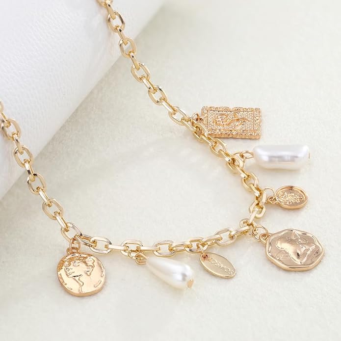 Charm Necklace for Women Gold Evil Eye Sun Moon Flower Coin Pendant Necklace Dainty Paperclip Chain Vintage Luck Amulet Choker Necklaces Celestial Jewelry Gift