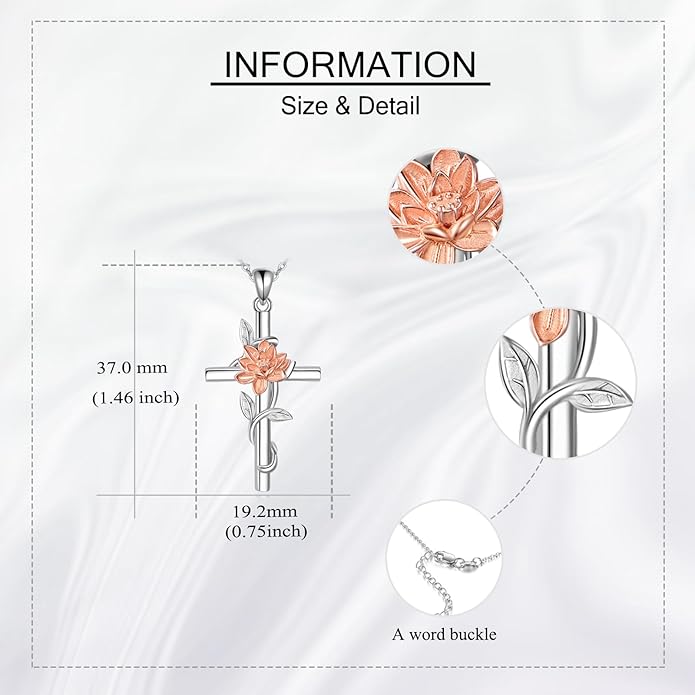 Flower Cross Necklace 925 Sterling Silver Carnation/Rose/Lily/Daisy Cross Necklace Birth Flower Jewelry for Women