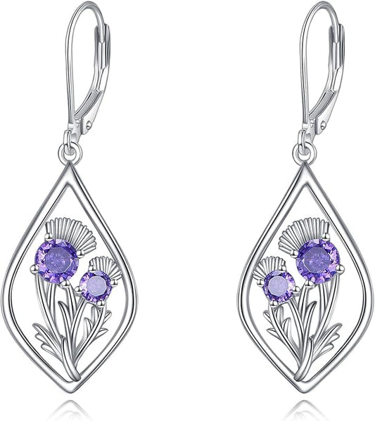 Scottish Thistle/Sunflower/Violet/Daffodil/Orchid Earrings Sterling Silver Flower Dangle Dangling Drop Boho Earrings Jewelry Gifts for Women