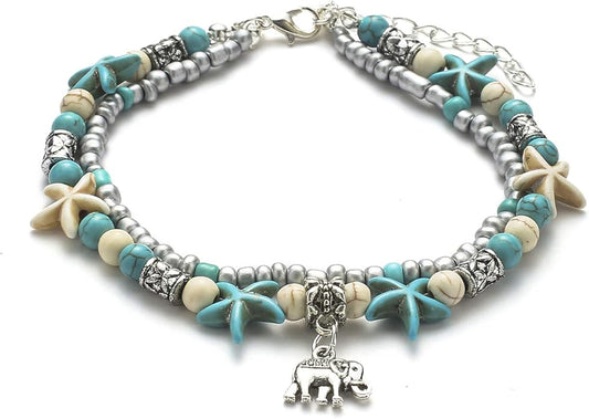 Starain Blue Turtle Anklets for Women Multilayer Beads Handmade Beach Ankle Bracelet Set Boho Foot Jewelry