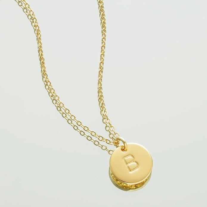Bemoly Initial Necklace for Women Round 11MM Coin Disc Double Side Engraved Letter A-Z Hammered Pendant 14K Gold Plated Personalized Alphabet Birthday Jewelry 17.5"