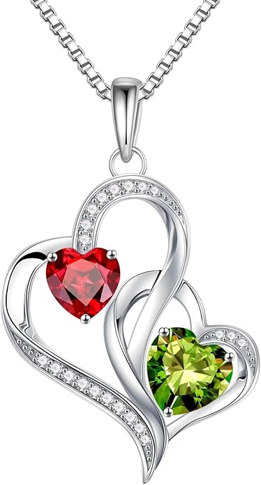 Iefil Birthstone Necklace for Women - 925 Sterling Silver Double Birthstone Heart Necklace | Anniversary Birthday Gifts for Women | Personalized Gifts | Jewelry Gifts for Wife Mom Girlfriend