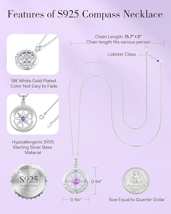 S925 Necklace Gift for Wife |Compass Jewelry |Women Anniversary |Sterling Silver |Girlfriend Birthday Gifts for Her Valentines |I'd be Lost without You |Jewel 18K Gold