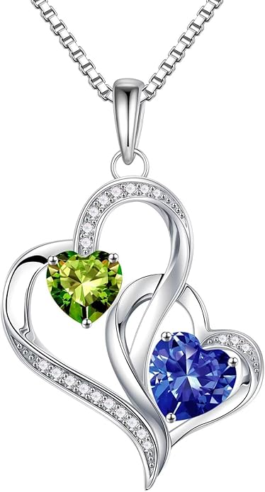 Iefil Birthstone Necklace for Women - 925 Sterling Silver Double Birthstone Heart Necklace | Anniversary Birthday Gifts for Women | Personalized Gifts | Jewelry Gifts for Wife Mom Girlfriend