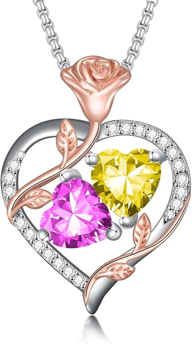 Jewelry for Her Double Heart Rose Birthstone Pendant Necklace Anniversary Jewelry Christmas Birthday Gifts for Women Wife Girlfriend