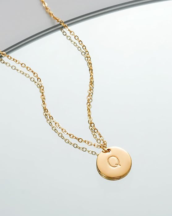 Bemoly Initial Necklace for Women Round 11MM Coin Disc Double Side Engraved Letter A-Z Hammered Pendant 14K Gold Plated Personalized Alphabet Birthday Jewelry 17.5"