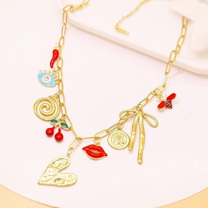 Chunky Retro Heart Necklace for Women Antique Layer Beach Ocean Moon Stars Western Boho Charm Necklaces Retro Link Chain Jewelry