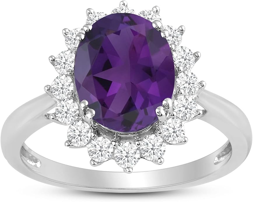 Jewelili Sterling Silver 10x8 MM Oval Amethyst with Round Created White Sapphire Engagement Ring