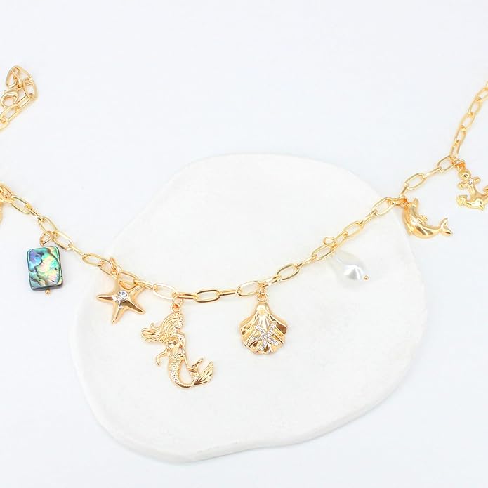 Gold Plated Paperclip Chain Beach Charm Necklace for Women Cute Shell Bow Dainty Beachy Starfish Pearl Seashell Strawberry Fruit Heart Mermaid Summer Jewelry Gift